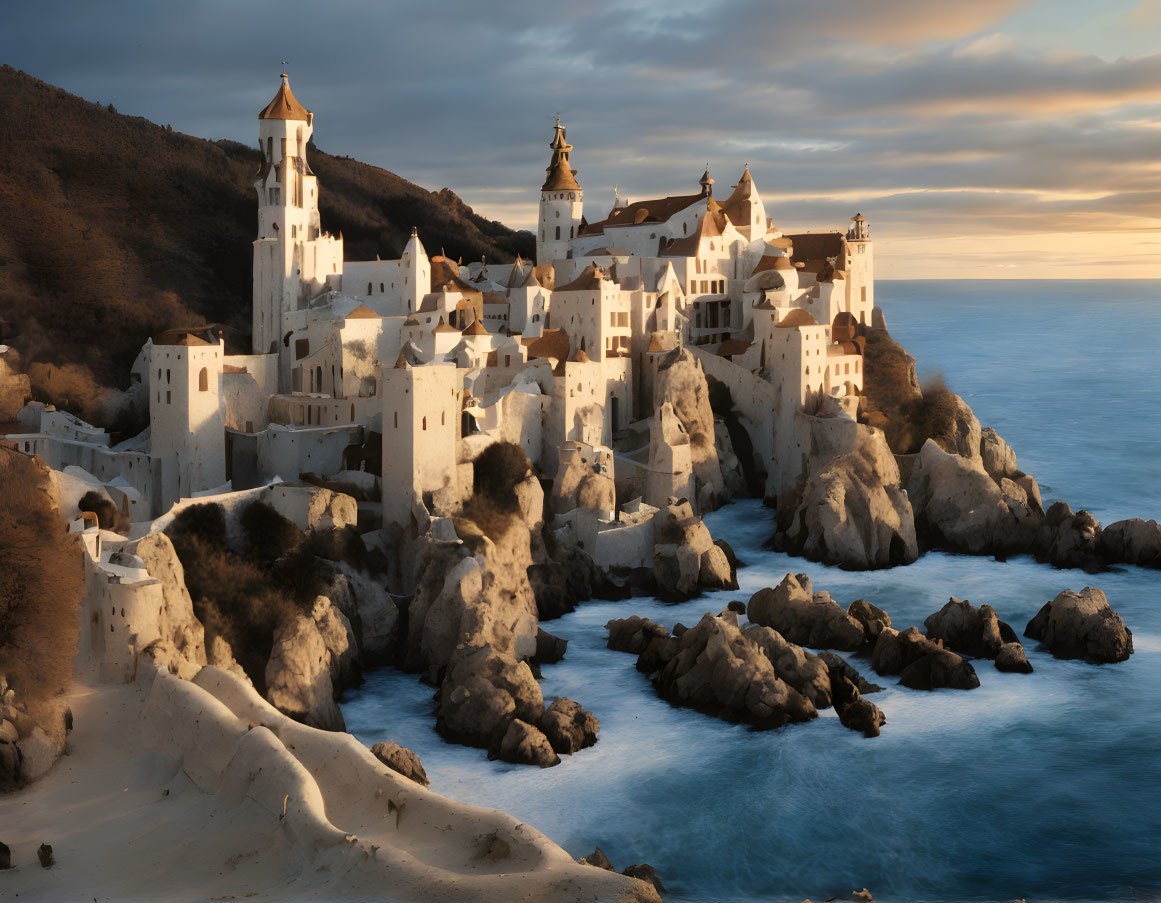 Coastal castle complex with white walls and towers by serene blue sea at sunset