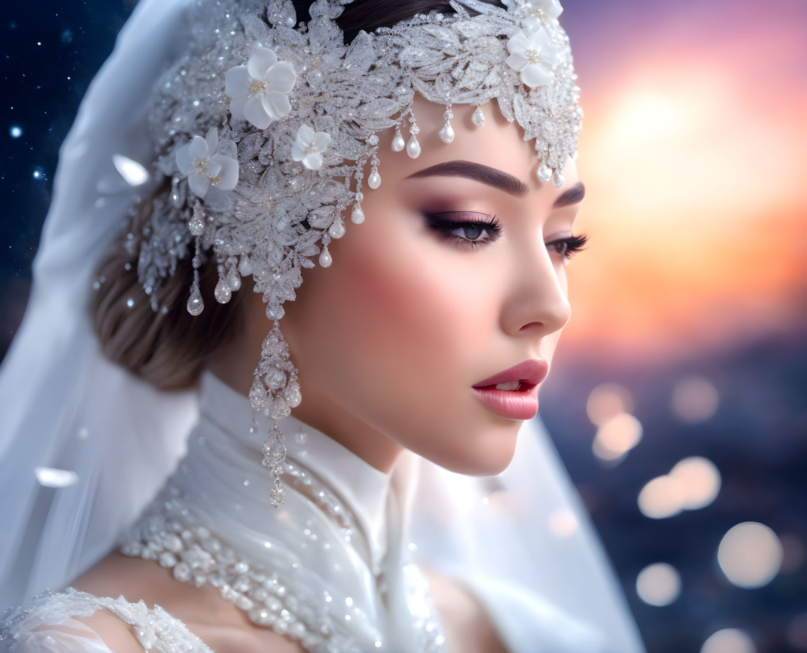 Bride with detailed headpiece, veil, pearl earrings, makeup, twilight sky.