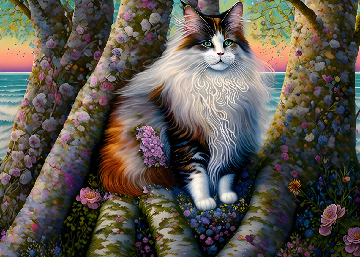 Fluffy calico cat on tree branch with ocean view and blossoming flowers