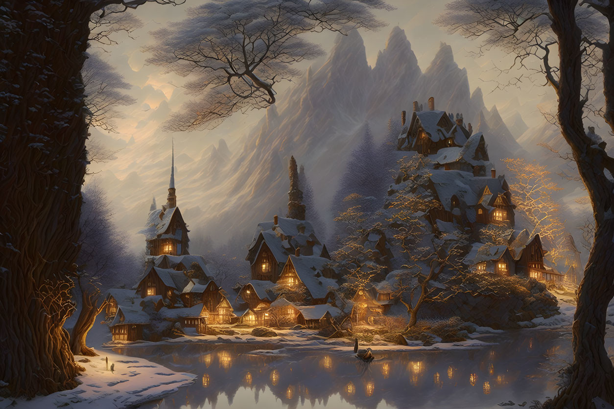 Snow-covered cottages and bare trees in serene winter setting with mountains and pond.