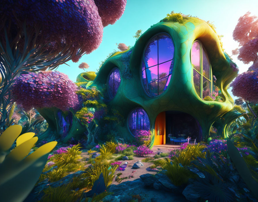 Whimsical house in vibrant, fantastical garden