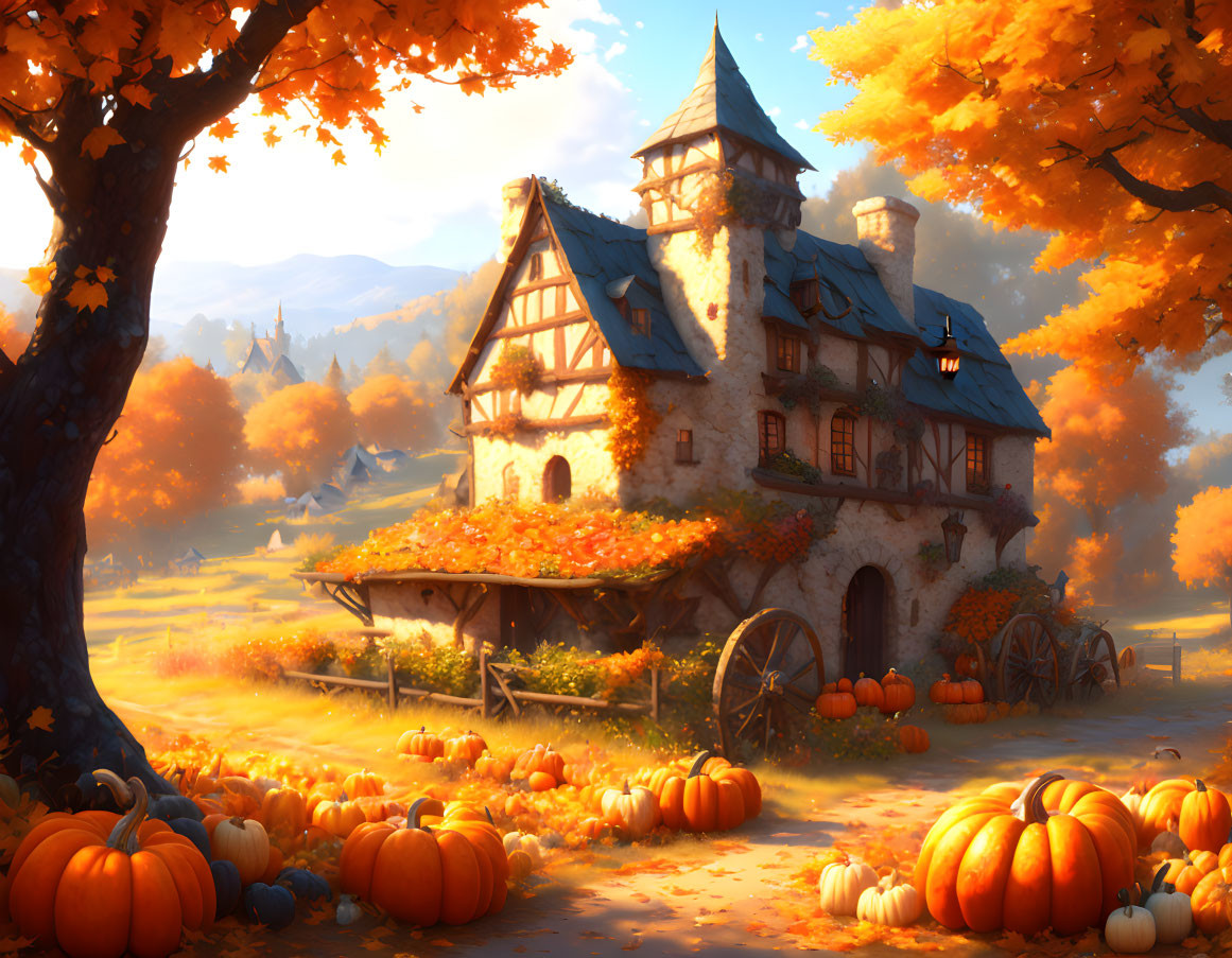 Tranquil autumn scene: stone house, pumpkin patch, orange trees