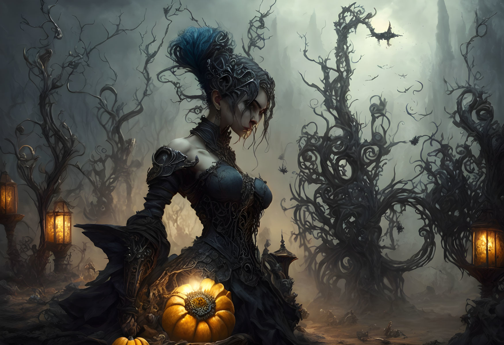 Gothic woman in Victorian dress with twisted trees, lanterns, pumpkin, and bat in mist