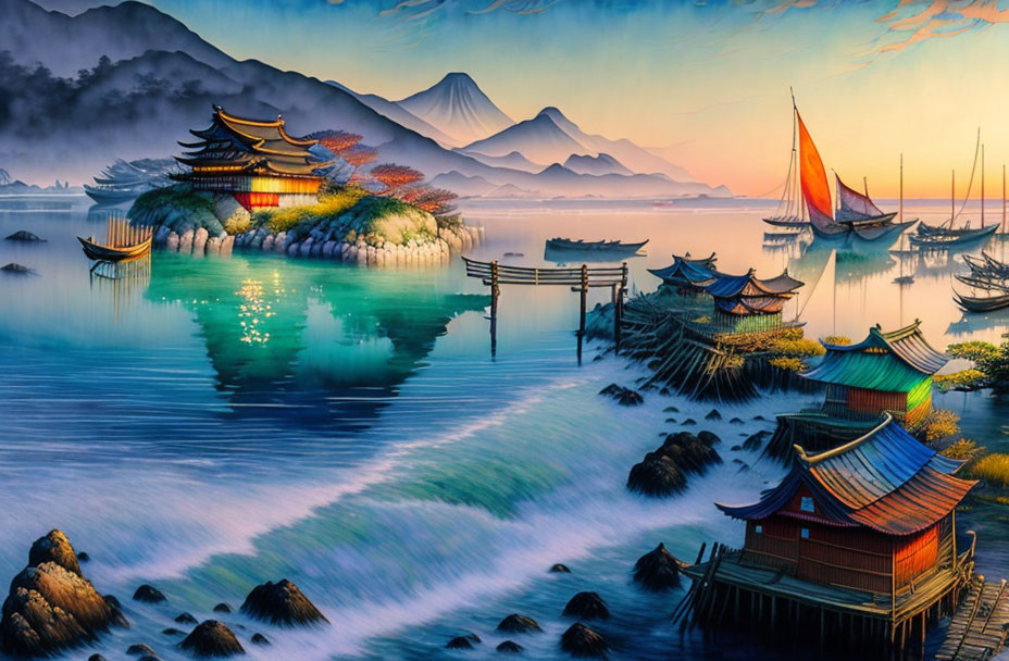 Traditional Japanese buildings in serene landscape with misty mountains and calm waters