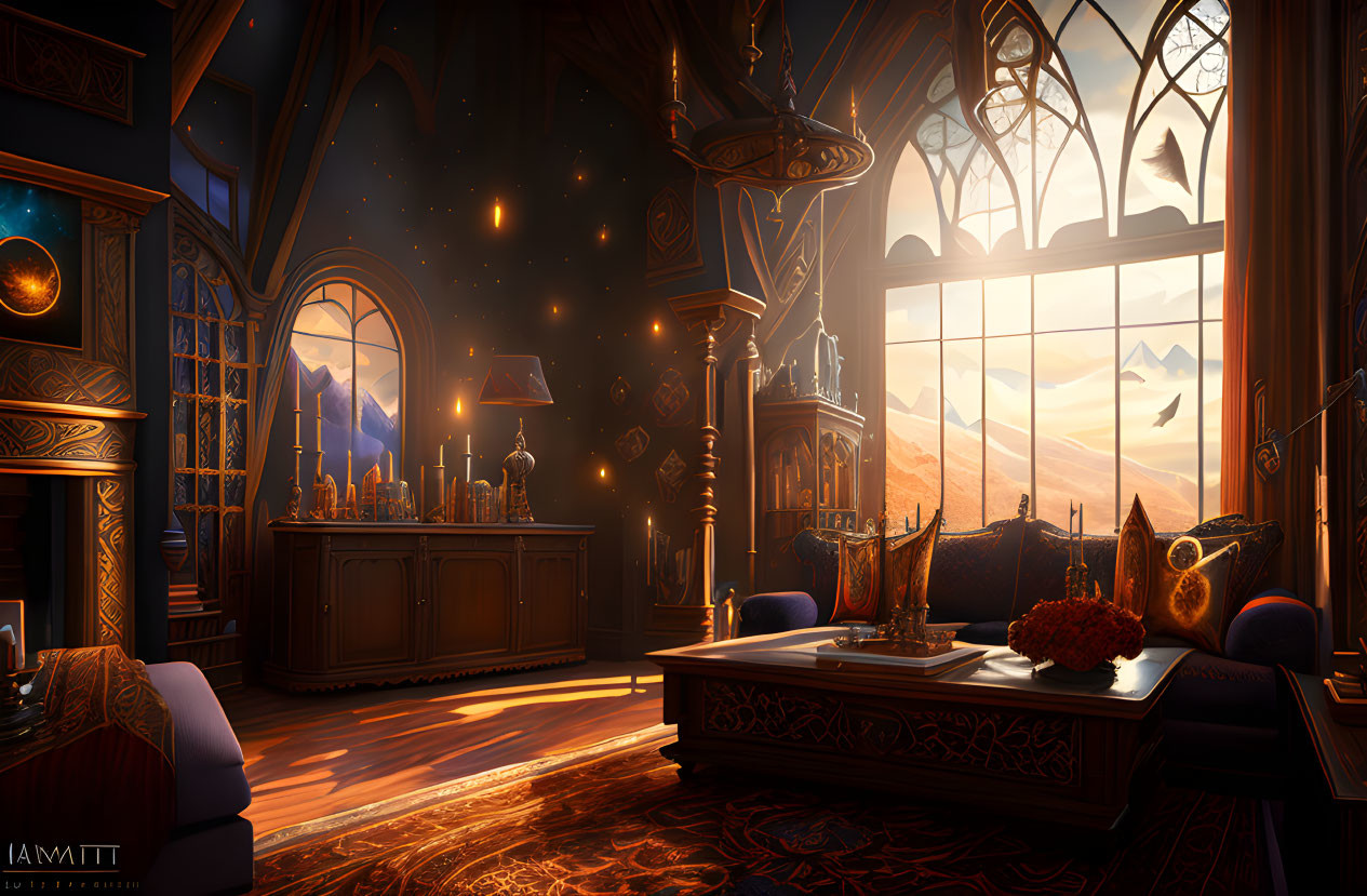 Luxurious Gothic-themed room with sunset view, elegant furniture, ornate decor, and magical sparks.