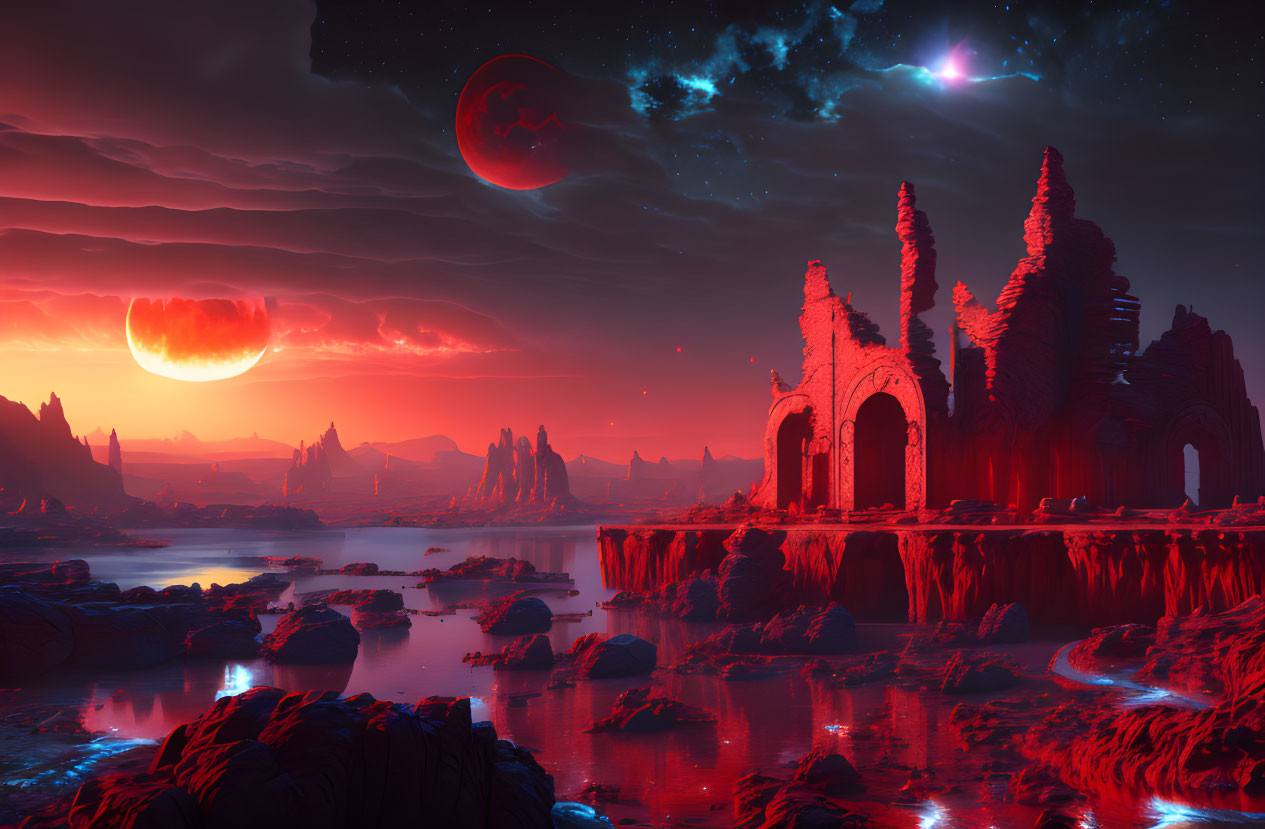 Surreal red landscape with rock formations, ruins, rivers, and celestial bodies