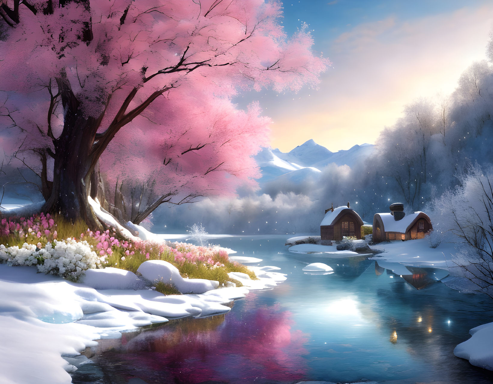 Pink blossoming tree in serene winter landscape