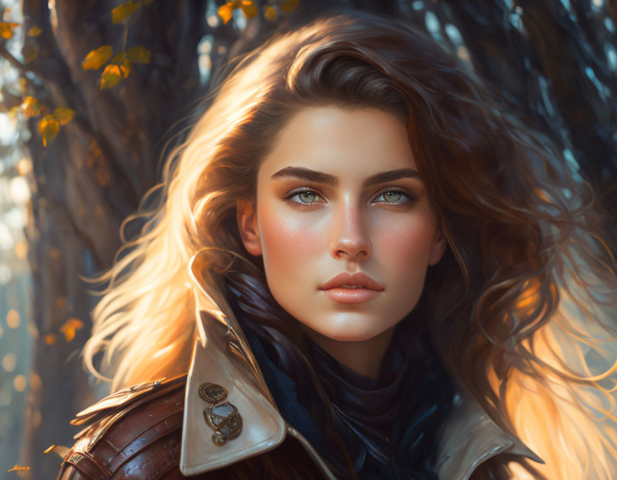 Digital artwork: Woman with flowing hair & blue eyes in armor against autumn woodland.