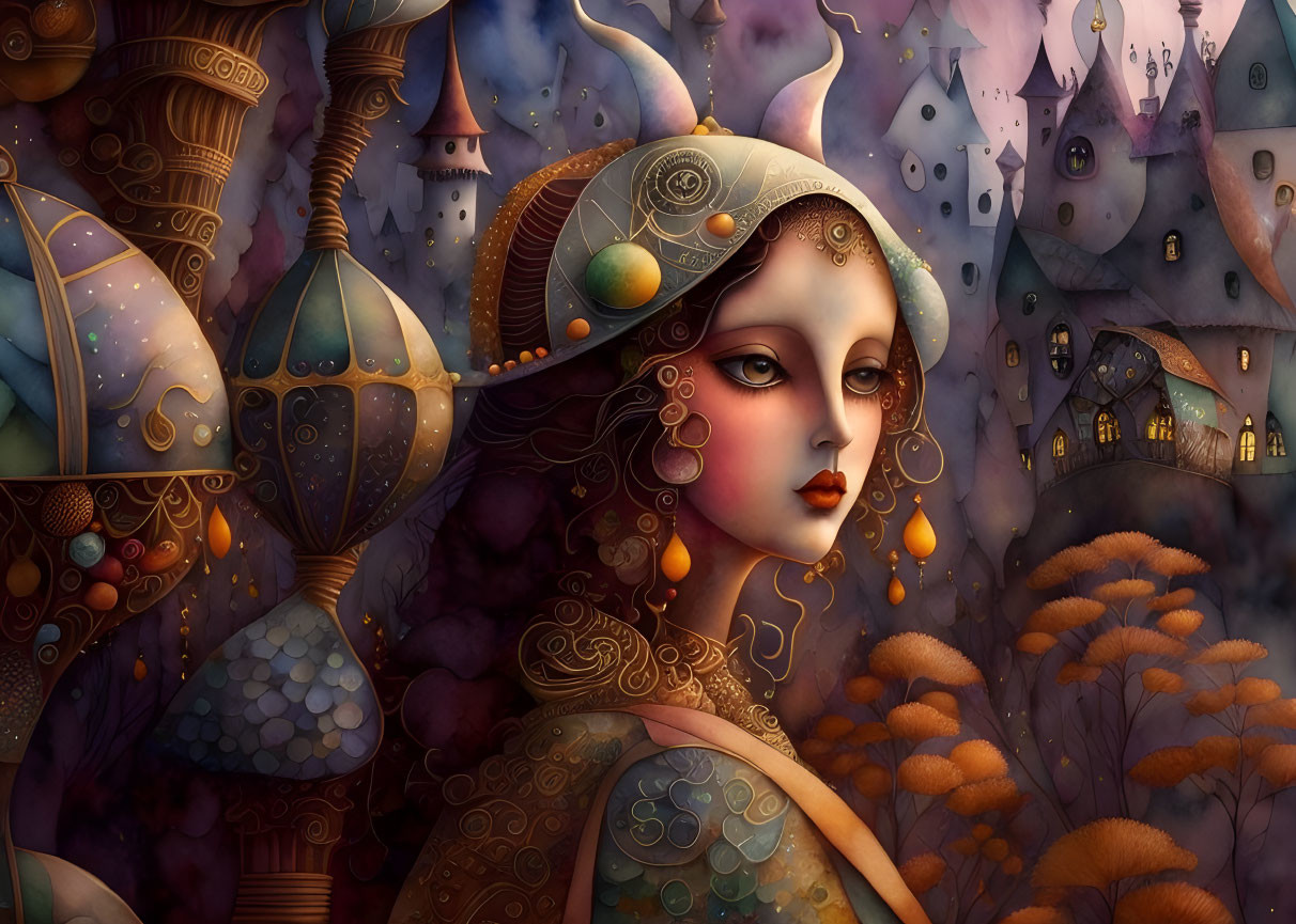 Whimsical fantasy illustration of woman with elaborate headdress in colorful town