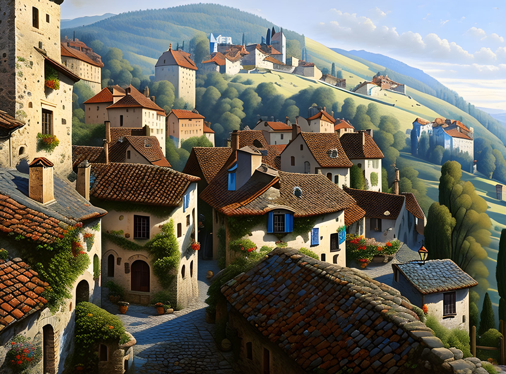 Picturesque medieval village with cobblestone streets and terracotta-roofed houses nestled in rolling