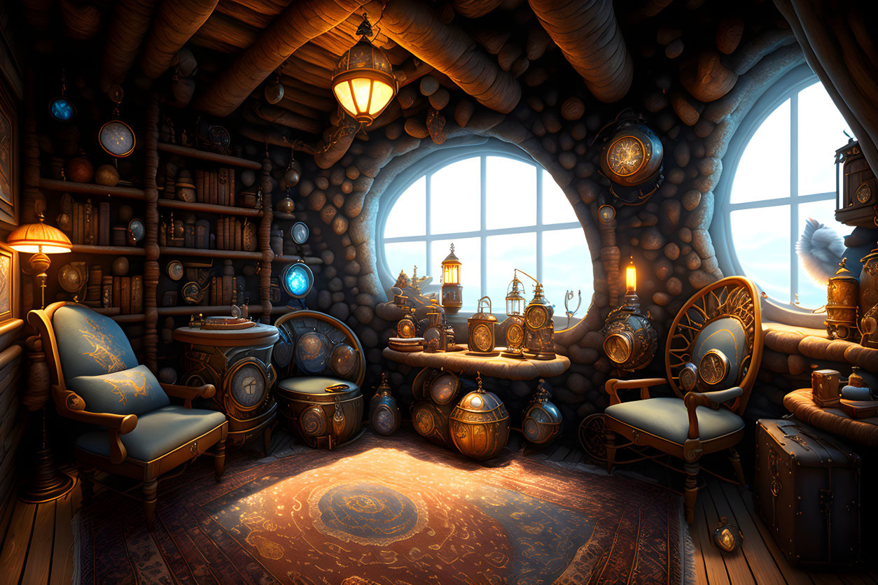 Vintage steampunk-inspired interior with clocks, armchairs, lantern, globes, gears,