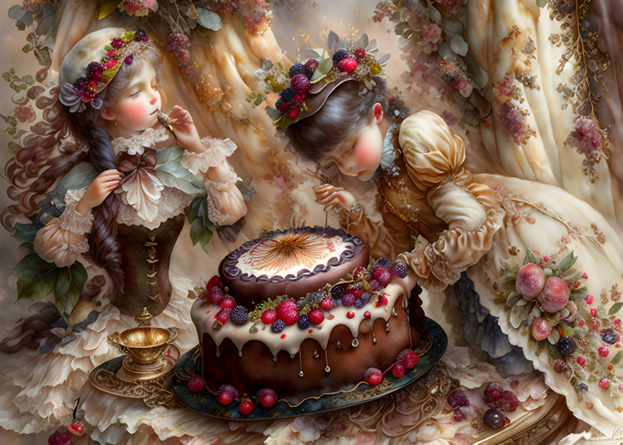 Children in vintage attire marvel at ornate cake with berries and flowers