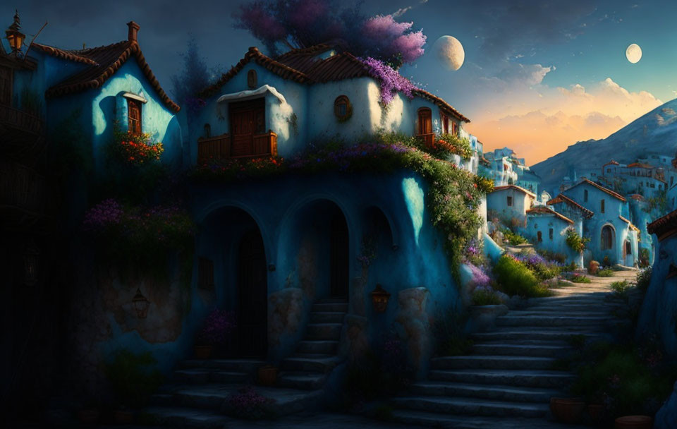 Charming village scene: cobblestone steps, quaint houses, lush flowers, two moons