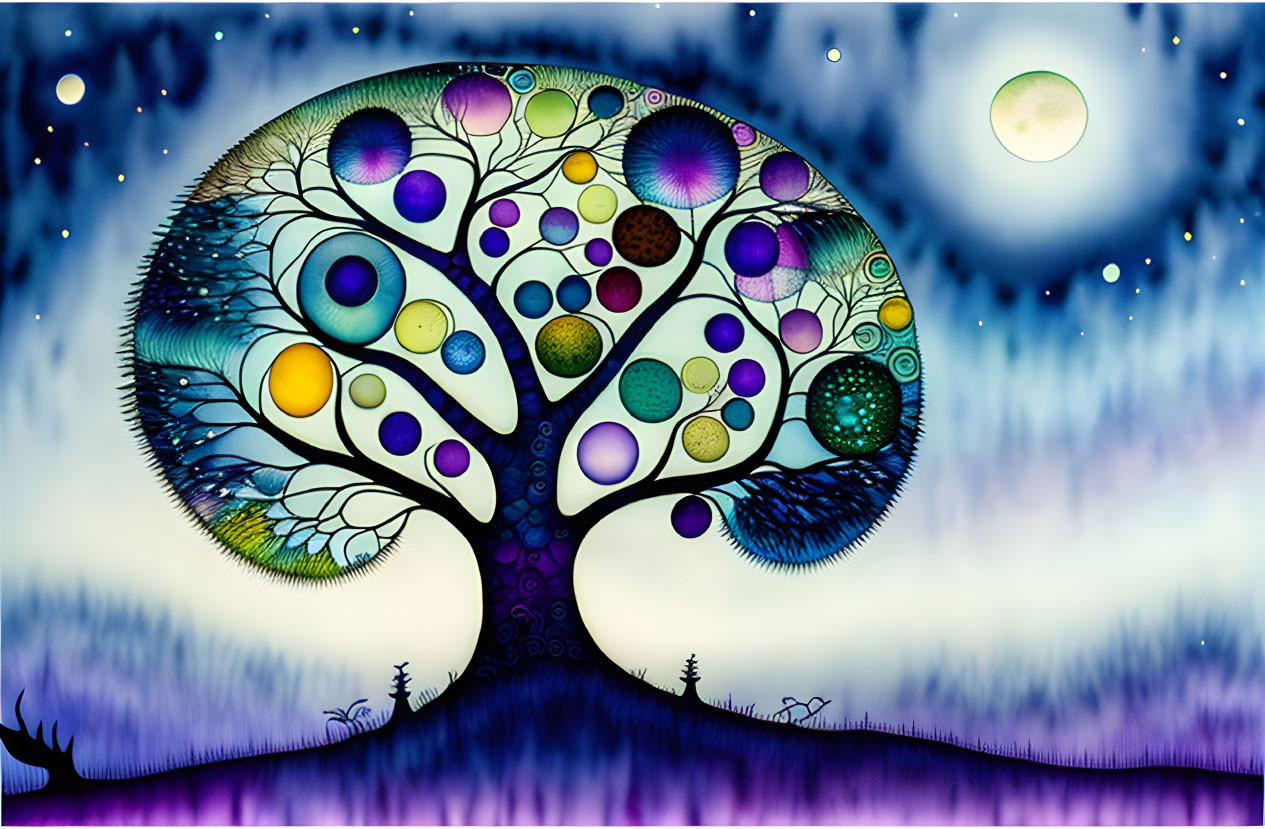 Colorful circular pattern tree under starry night sky with glowing moon