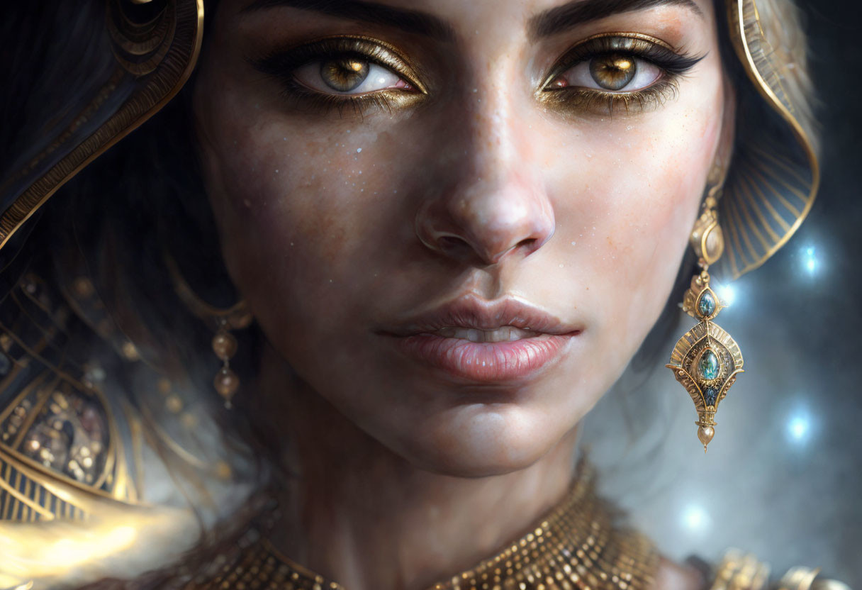 Golden-eyed woman adorned in ornate gold jewelry against celestial backdrop