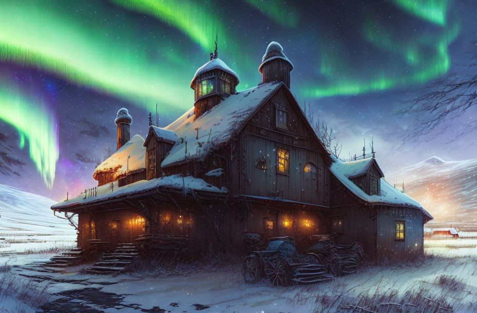 Winter Scene: Snow-covered Wooden House Under Northern Lights