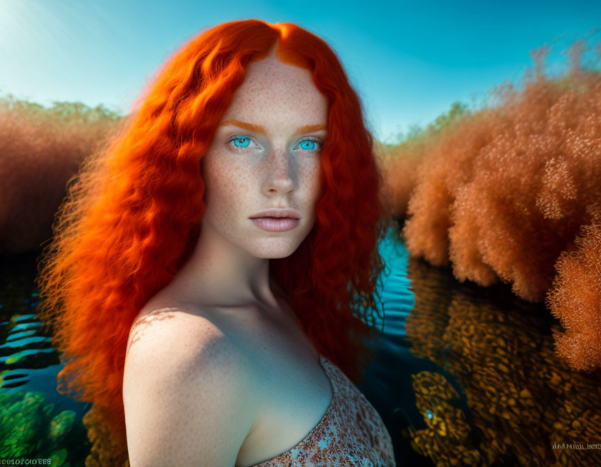 Vivid portrait of a person with red hair and blue eyes in nature.