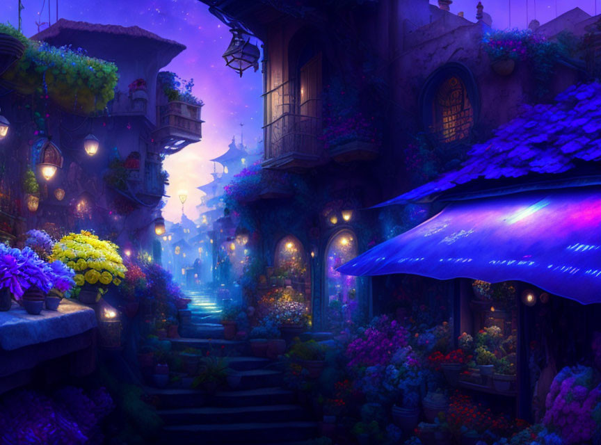 Colorful flower-lined street at night with glowing lanterns, purple hues, and mist