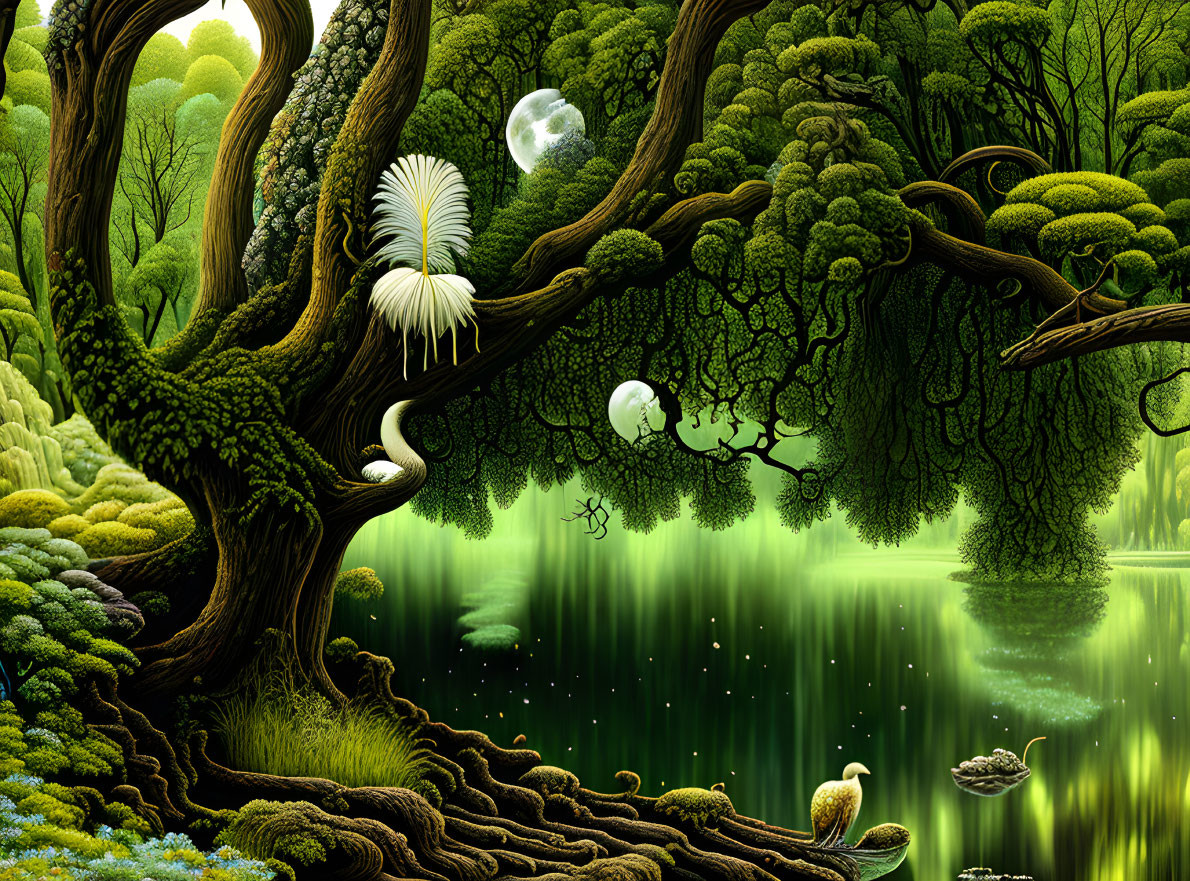 Colorful digital artwork of lush fantasy forest with oversized plants and glowing orbs.