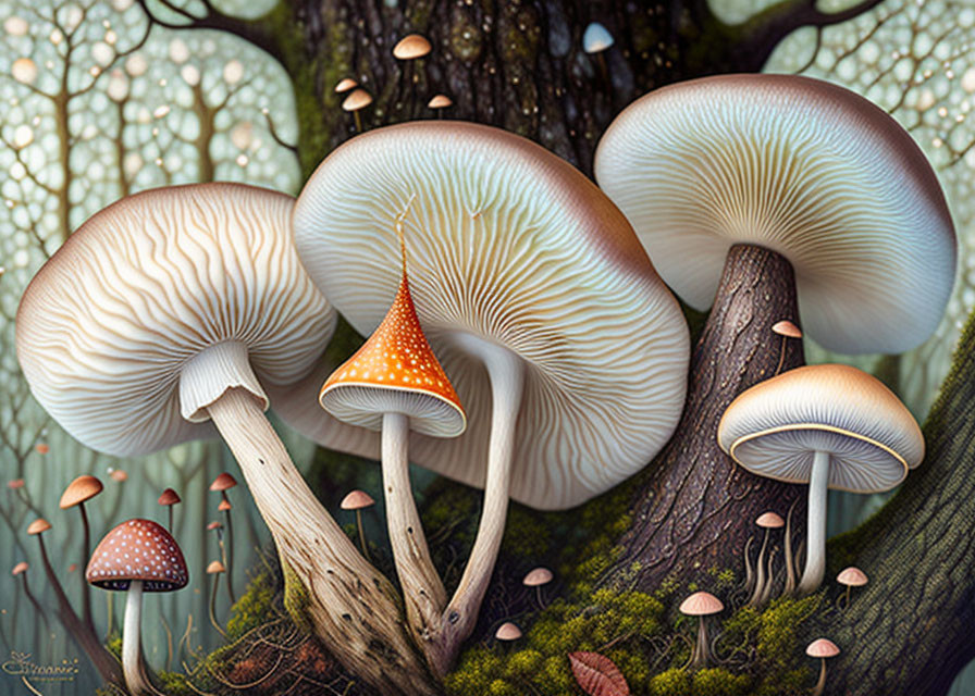 Colorful Mushroom Illustration Among Mossy Forest Floor