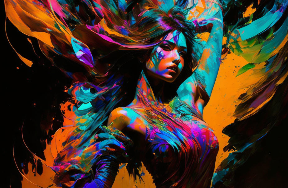 Colorful digital art: Woman with flowing hair in dynamic brush strokes