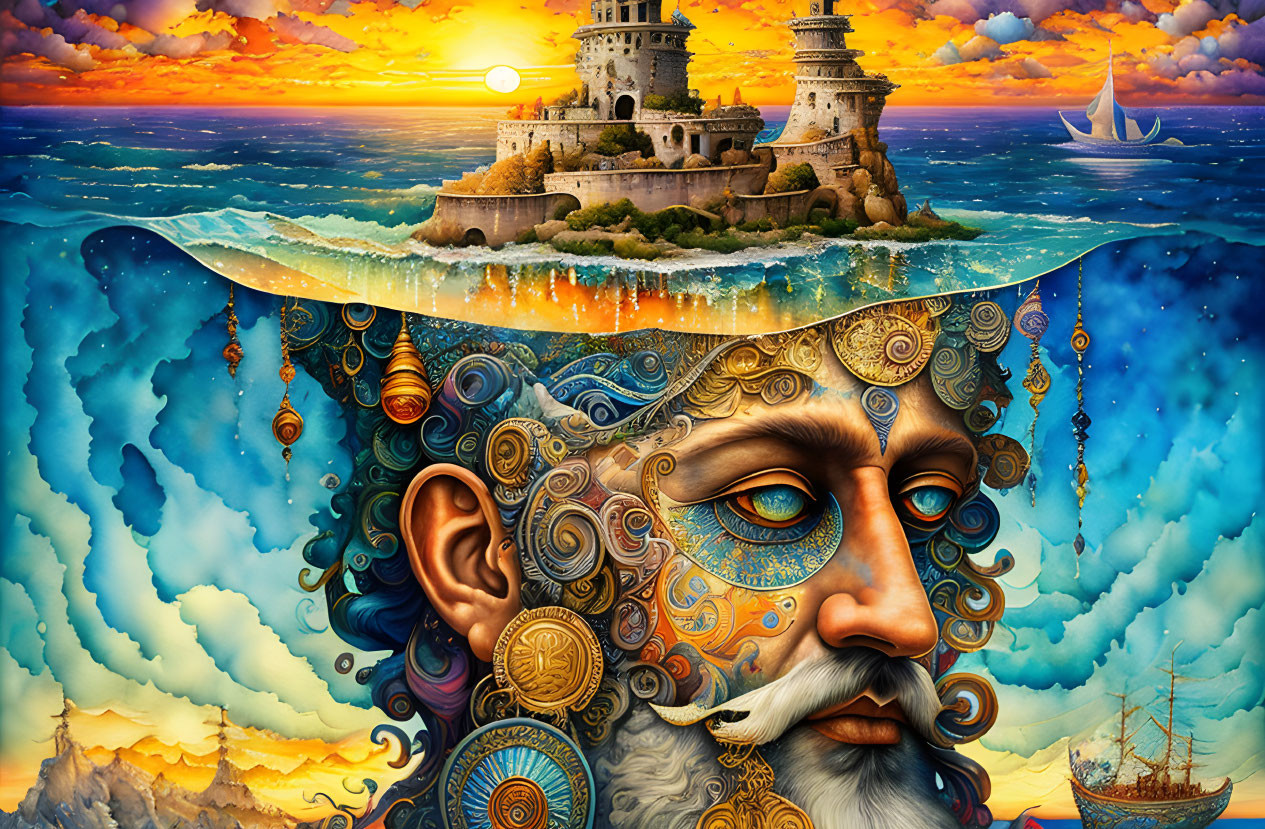 Colorful artwork: Bearded face, island castles, sunset sky, ships at sea