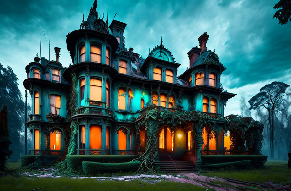 Spooky Victorian mansion with ivy glow in twilight forest