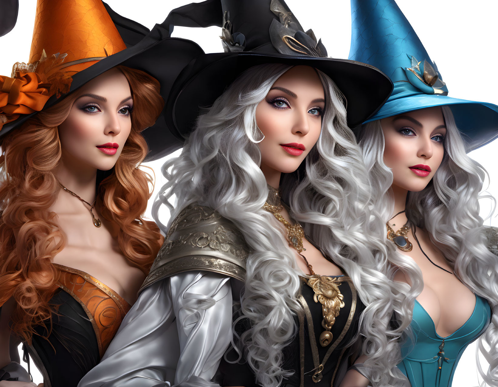 Three women in elaborate witch costumes with colored hats and detailed corsets on a white background