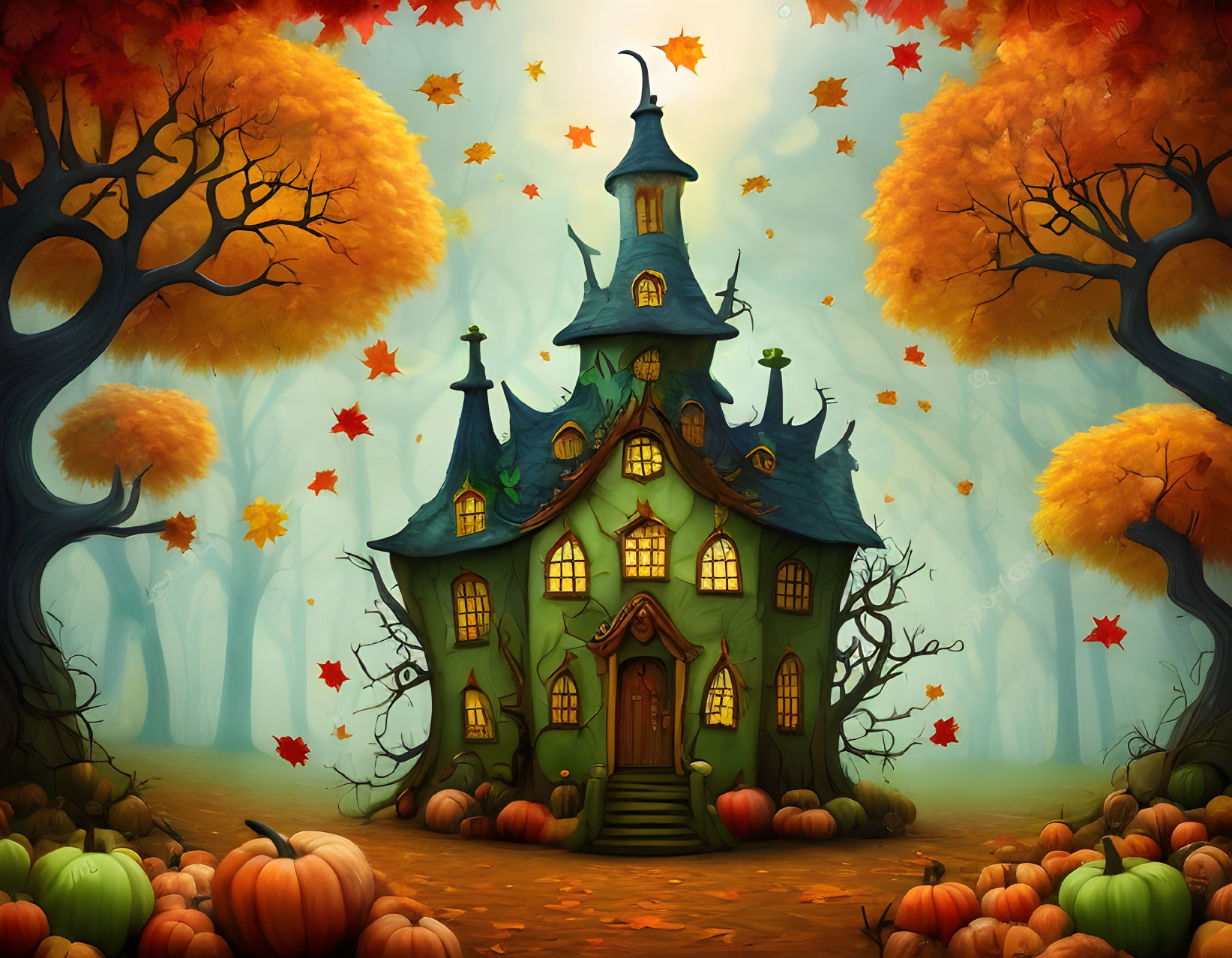 Whimsical Green House in Autumn Fantasy Scene