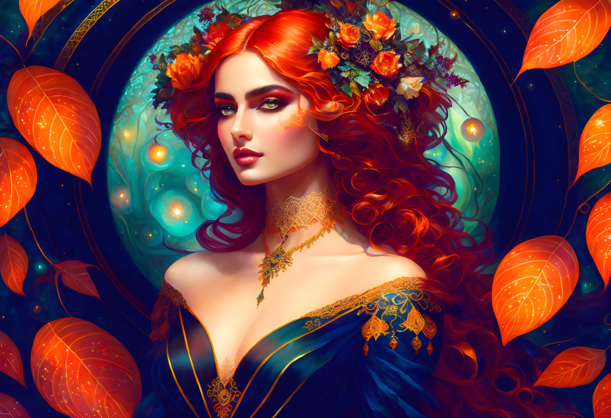 Red-haired woman in blue dress with golden accents surrounded by orbs and autumn leaves