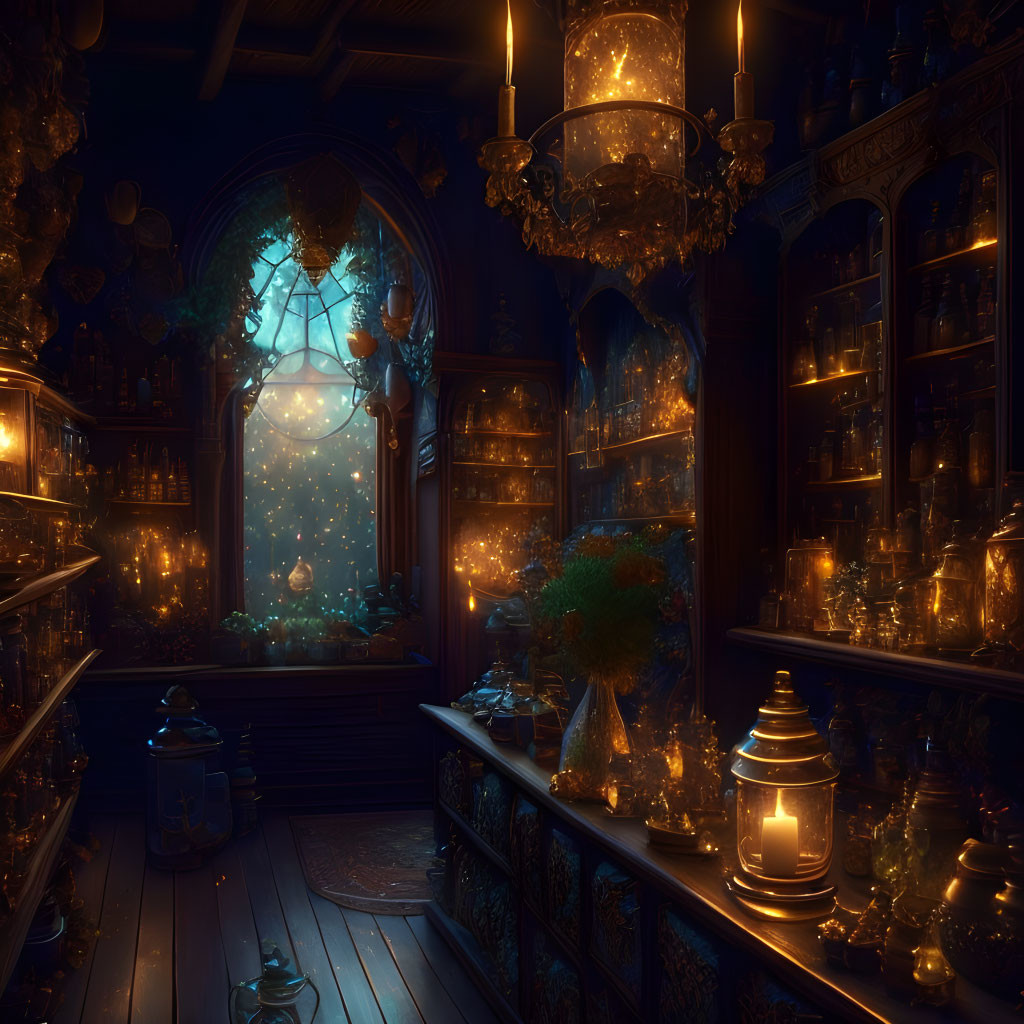 Dimly-lit cozy room with jars, books, starry night view, and chandeliers