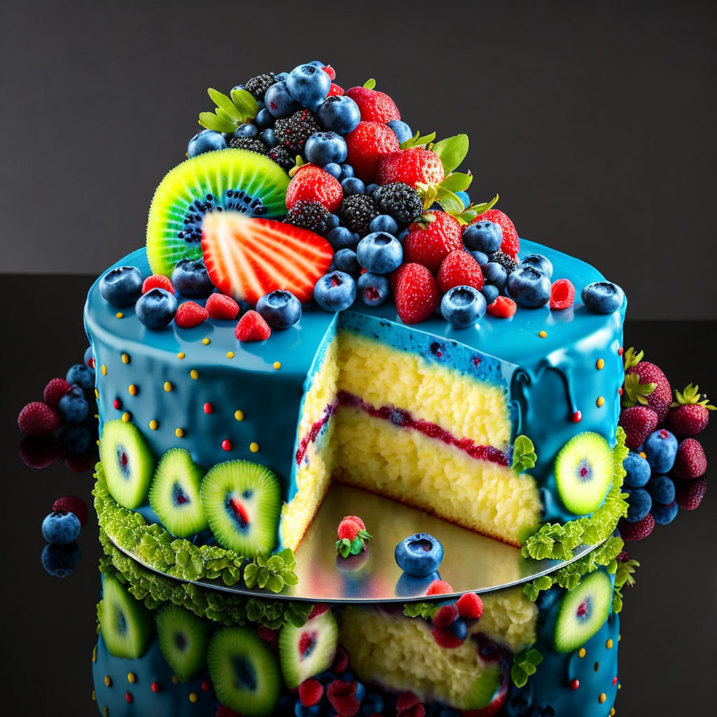 Colorful Fruit-Topped Blue Cake with Lemon Sponge and Jam Filling