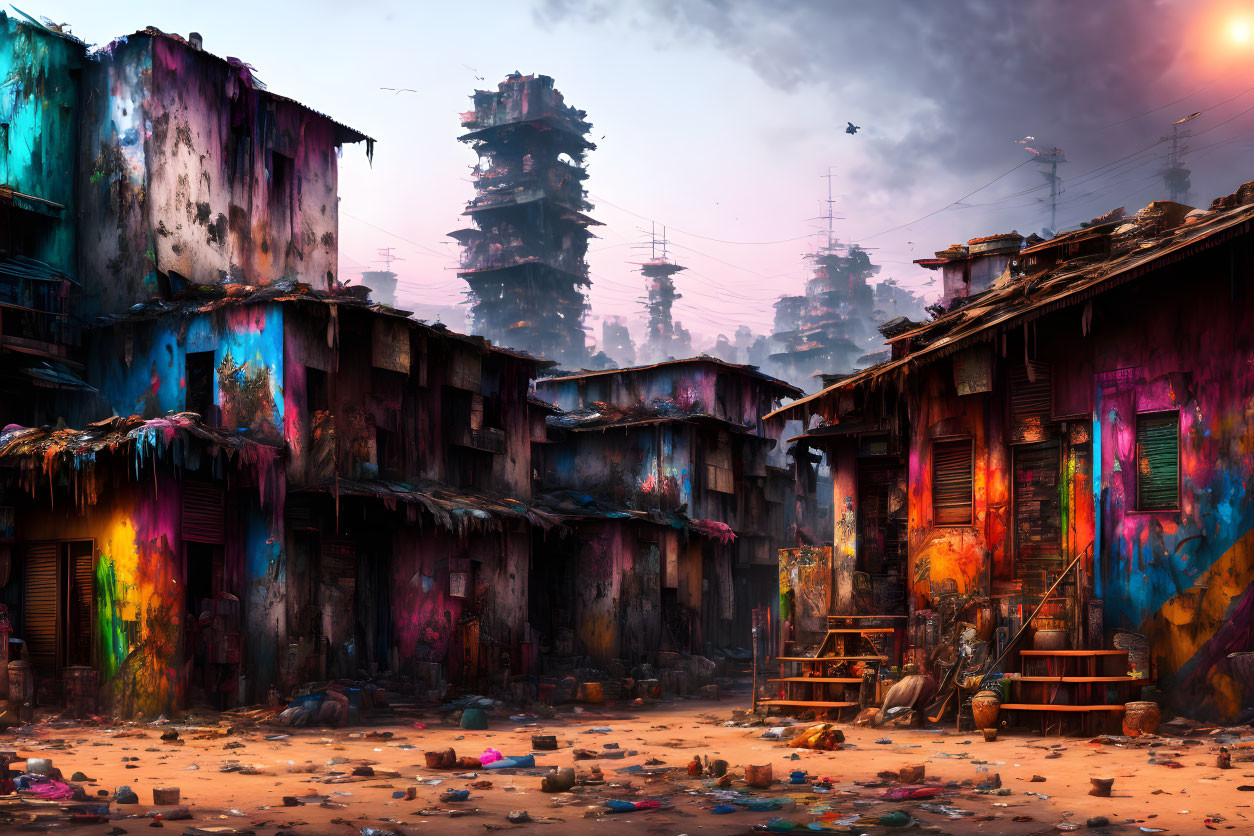 Dystopian cityscape at dawn: vibrant graffiti, dilapidated buildings, scattered debris.