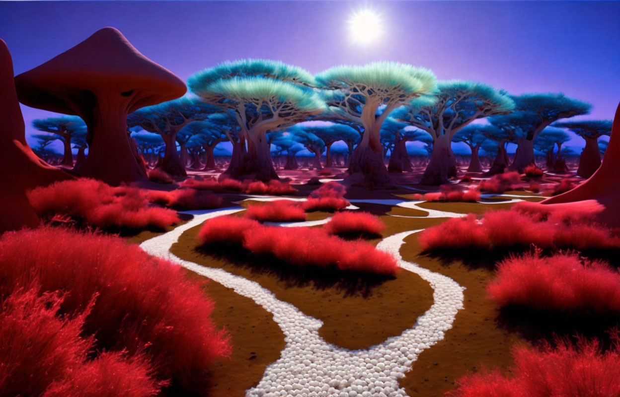 Fantastical landscape with white stone path, red grass, blue foliage trees, twilight sky