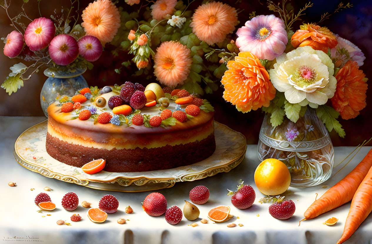 Colorful still life with frosted cake, fruits, and flowers on a plate.