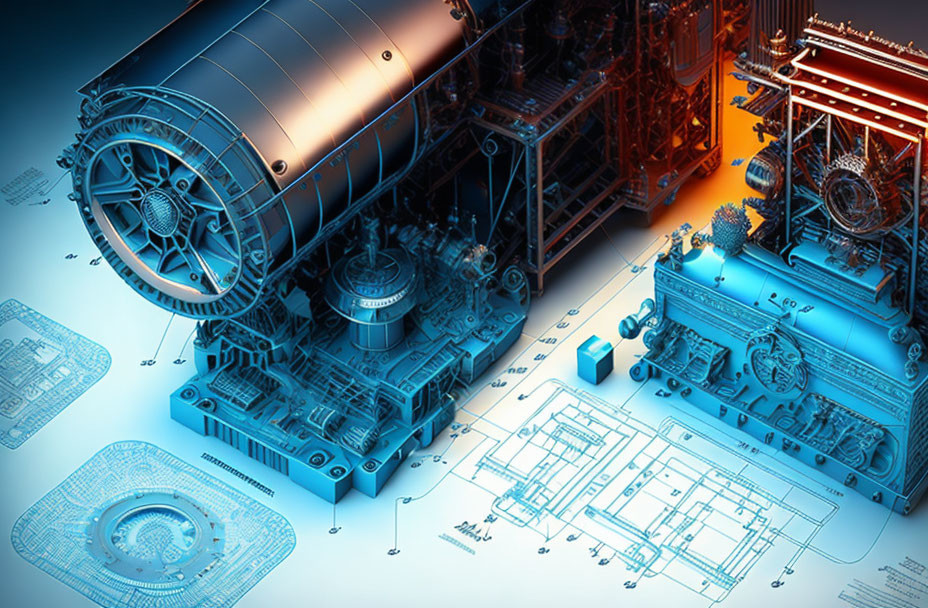 Detailed 3D Machinery Illustration with Technical Blueprints & Engine Parts