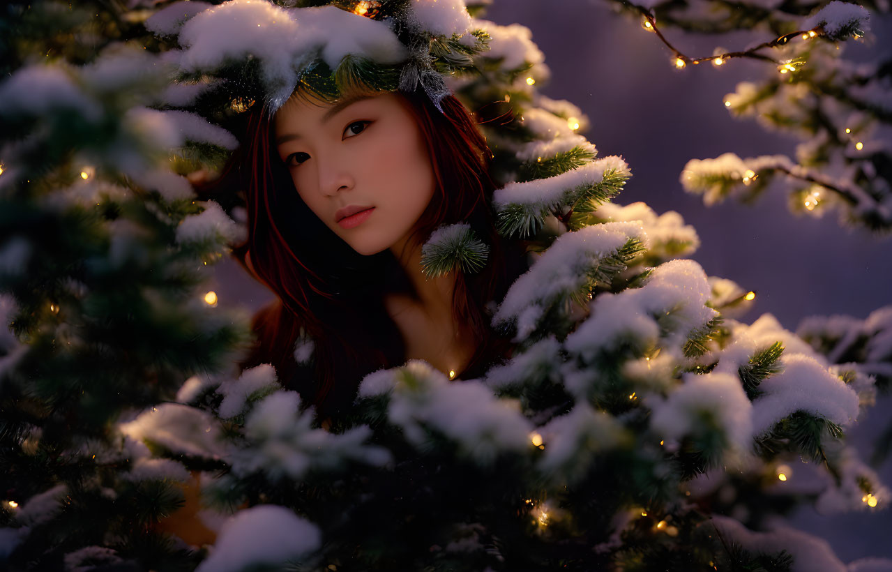 Winter scene: Woman looking through snow-covered pine branches with warm lights