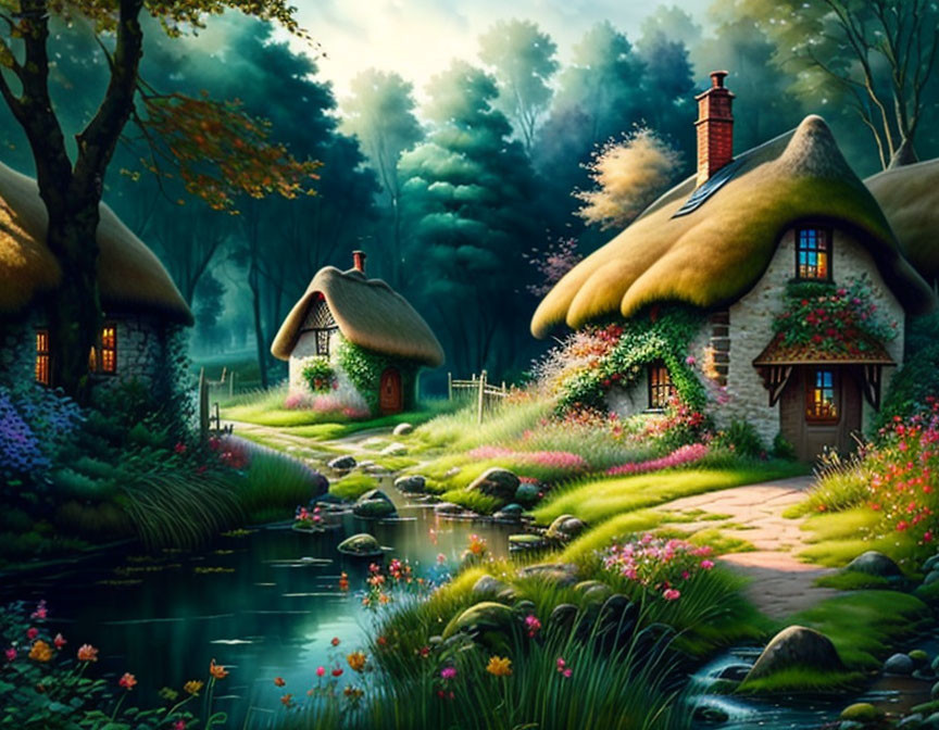 Thatched Cottages by Serene Pond in Enchanted Forest