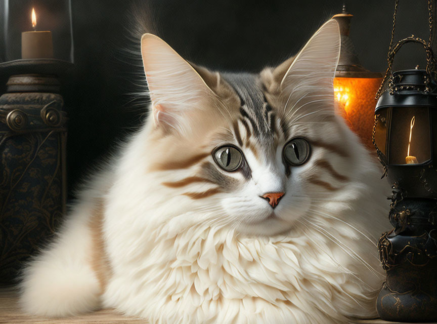 Fluffy Cat with Striking Eyes Next to Candles and Lantern