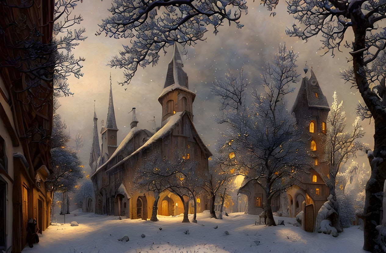 Snowy Dusk Scene with Cozy Cottage in Winter Landscape