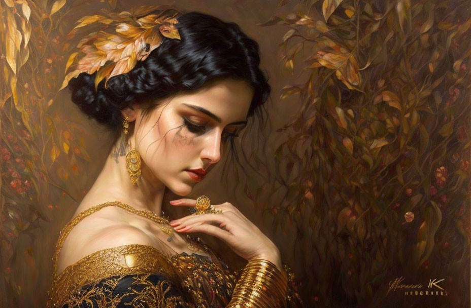 Dark-haired woman in gold jewelry gazes in autumn scene