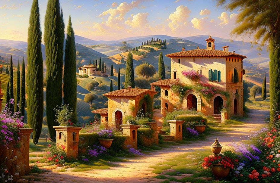 Tuscan landscape: rolling hills, villa, cypress trees, flowers, golden sky