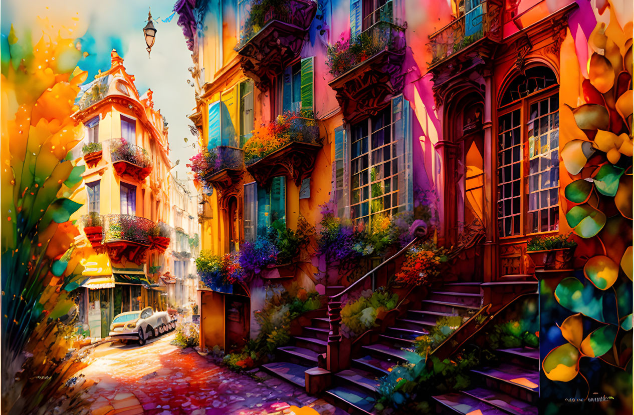 Colorful European Alley Scene with Classic Street Lamp & Parked Car