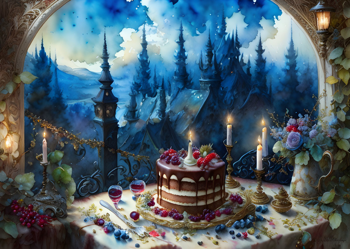 Fantasy banquet scene with cake, candles, fruits, snowy landscape, pines, tower, star