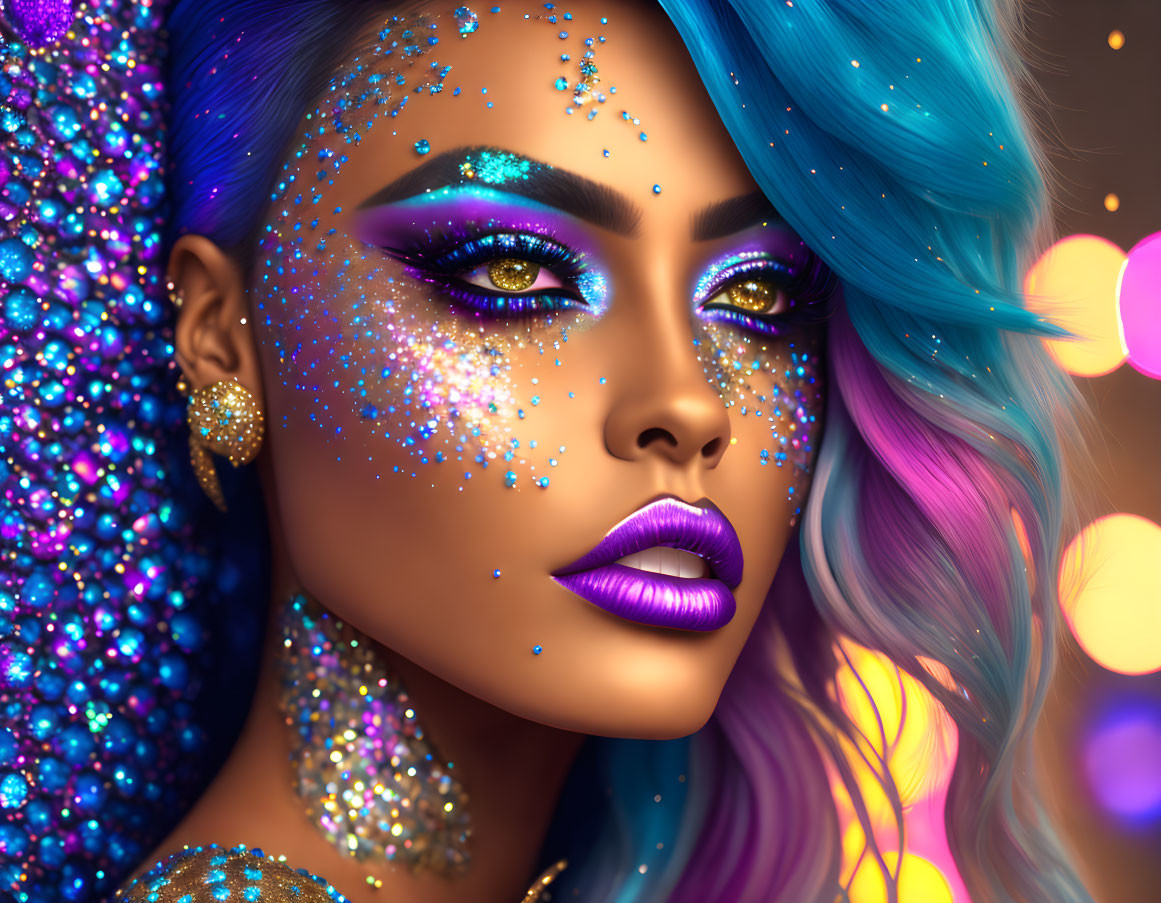 Vibrant digital portrait: woman with blue hair, glitter makeup, purple lips, against multicol