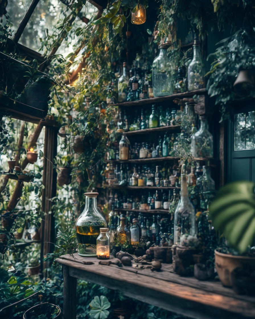 Dimly Lit Garden Shed with Bottles and Green Plants