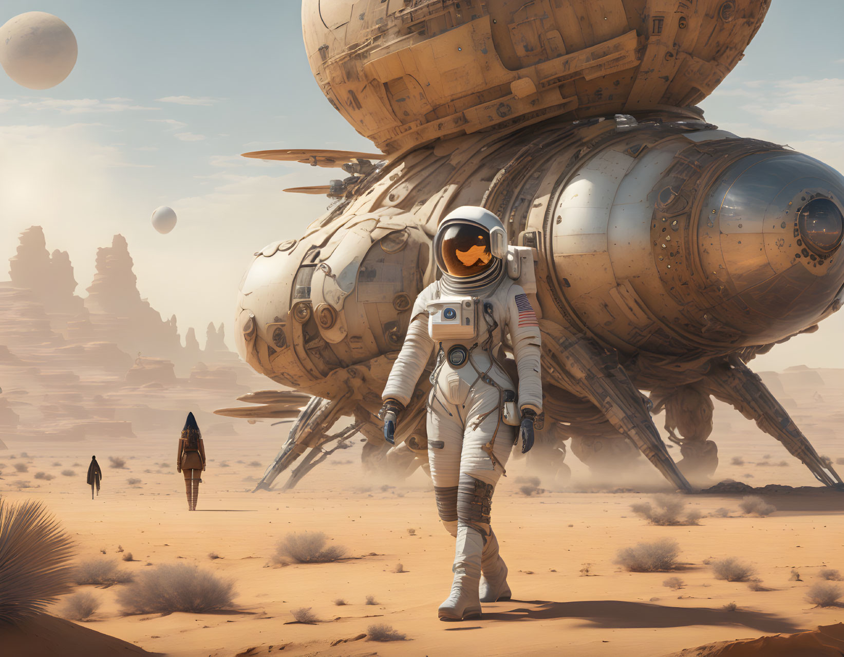 Astronaut in white spacesuit on desert planet with spacecraft and two moons