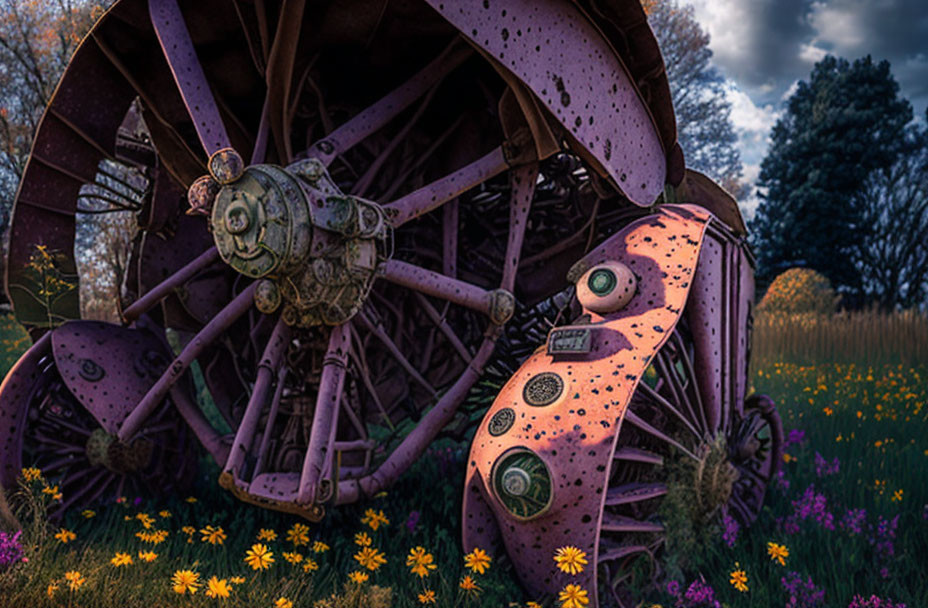 Abandoned rusty agricultural machine in colorful field