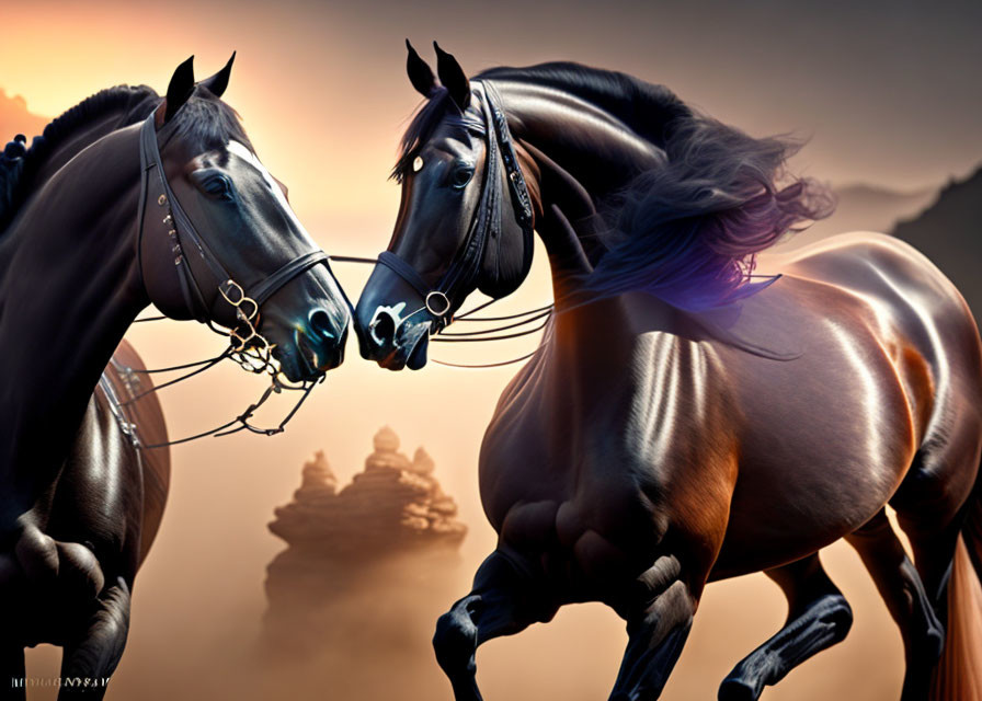 Majestic horses with shiny coats and flowing manes in dramatic sunset scenery