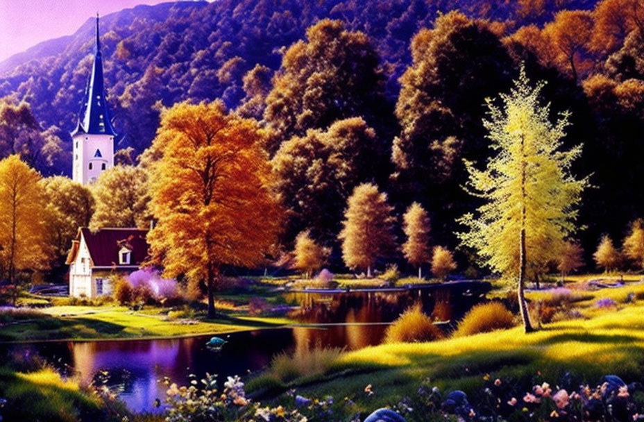 Colorful Autumn Landscape with Church, House, and Pond